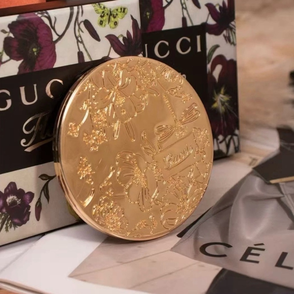 Gucci Gold Floral Embossed Compact Mirror